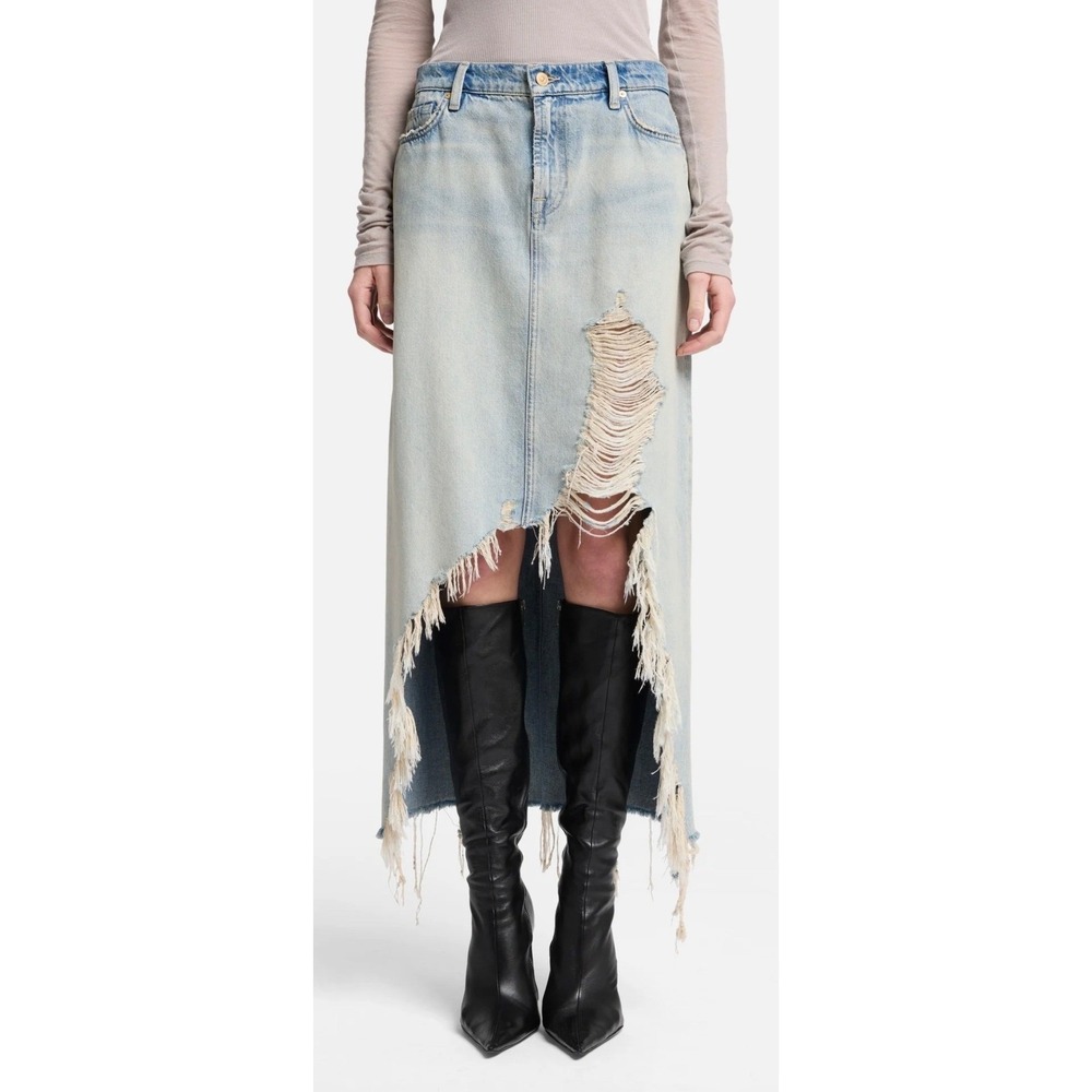 7 For All Mankind Mid Skirt Peaches Distressed Denim‎ Maxi Light Wash 4 26 NEW